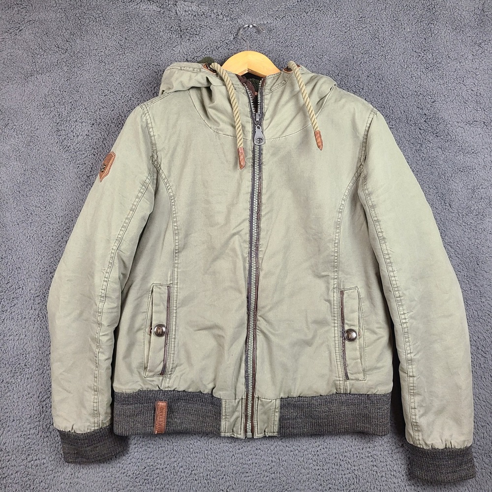 Naketano Brave New Word Olive Green Hooded Bomber Jacket Women XL Cotton Fleece